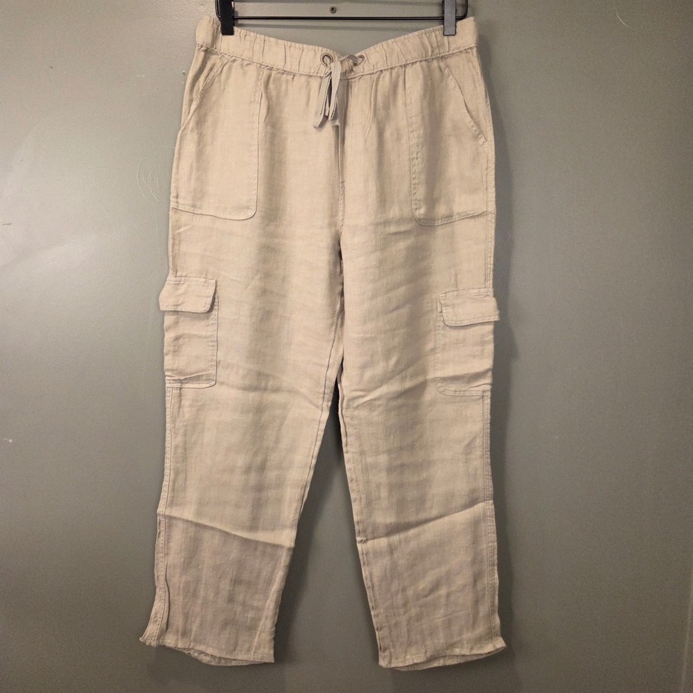 Nicole Miller Women's L 100% Linen Straight Leg Cargo Pants Green Tan Utility‎